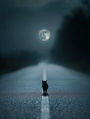 Black cat standing on lonely road, moonlight casting ethereal glow, silhouetted against dark nocturnal landscape, embodying mysterious solitude