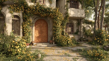 Fototapeta premium Enchanting Cottage Entrance A Fairytale Home with Lush Greenery.