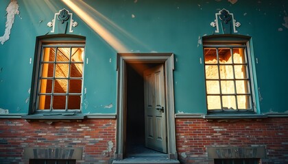 The old abandoned house with a door ajar and two windows on either side has a worn teal exterior with red brick base and a sunbeam shining through.