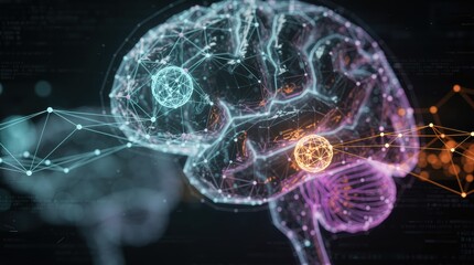 A digital illustration of a brain with interconnected lines and nodes, symbolizing neural connectivity and technology.