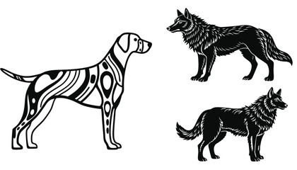 Obraz premium A black and white illustration of three dogs standing in different poses