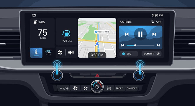 Car infotainment system display screen with navigation and media controls illustration for automotive technology with dashboard display and navigation screen