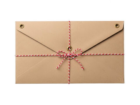 Brown envelope with red string bow isolated on transparent background