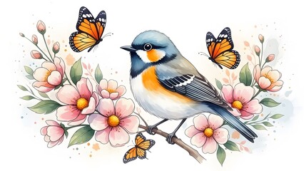 Bird perched among flowers and butterflies