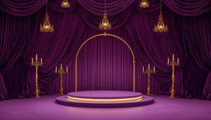 Luxurious purple stage with golden arch and ornate chandeliers, AI generated image