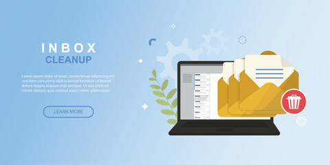 Inbox Email Management banner. laptop with inbox screen, stacked yellow envelopes folders, red trash delete icon for digital cleanup and organization. Inbox zero. Email cleanup. Vector illustration