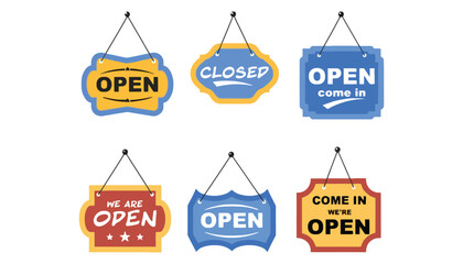 A collection of colorful open and closed signs for business hours