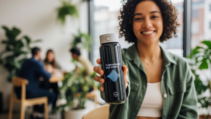 Smiling young woman holding a reusable water bottle in a casual coffee shop setting with friends in the background