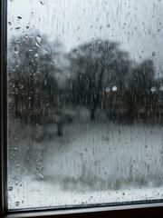 A rainy winter day view from the window trees and snow on the ground