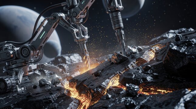 A futuristic robotic arm excavates rocky terrain, with cosmic elements in the background, suggesting advanced exploration of extraterrestrial environments.