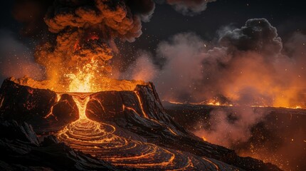 A dramatic volcanic eruption spews lava and ash, creating a fiery landscape illuminated by glowing molten rock against a dark sky.