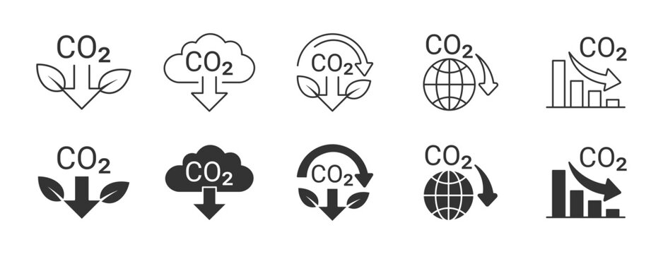 CO2 emission icon set, . CO2 icon . Reduce co2 gas icon set. Reduction cloud sign. CO2 reduction signs. vector illustration .