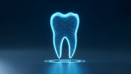 Abstract representation of a luminous blue digital tooth hologram floating above glowing concentric circles against a dark background symbolizing dental technology or futuristic care.