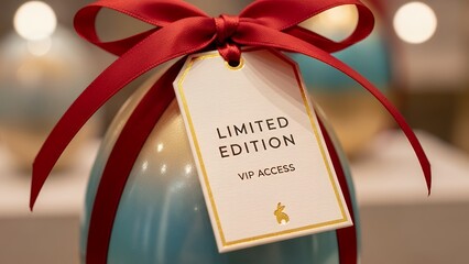 Shiny blue and gold gift wrapped with a red ribbon and a tag reading "LIMITED EDITION VIP ACCESS", concept for exclusive product marketing, festive premium packaging and special consumer promotions
