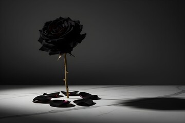 A lone black rose stands on a white surface with scattered petals in a dark room.