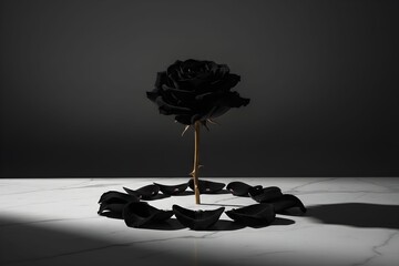 A single black rose stands alone on a white surface with torn petals scattered around it against a dark background.