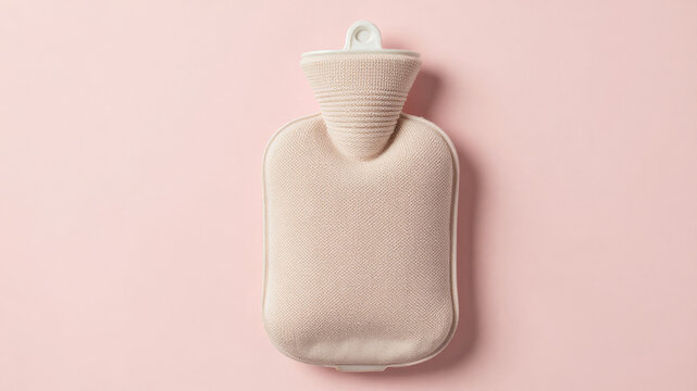 Soft pink rubber hot water bottle placed on pastel background for winter warmth