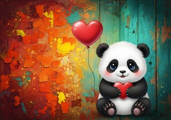 Cute Panda Holding Heart with Balloon on Abstract Textured Background