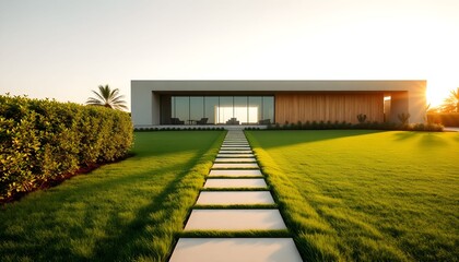 A serene modern house sits amidst a well-manicured lawn and garden pathway at sunset.
