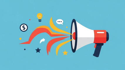 Naklejka premium Vibrant megaphone illustration with dynamic marketing icons and symbols