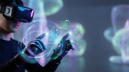 A person using virtual reality technology, interacting with holographic elements and digital displays, showcasing an immersive futuristic experience.