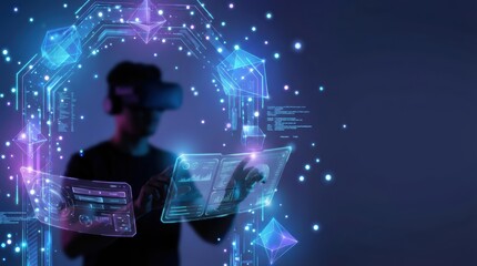 A person wearing a virtual reality headset interacts with holographic displays and digital elements in a futuristic setting.