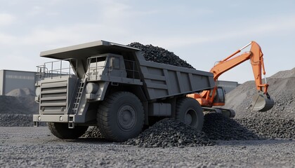 Heavy machinery operates at an industrial mining site with a large dump truck and excavator