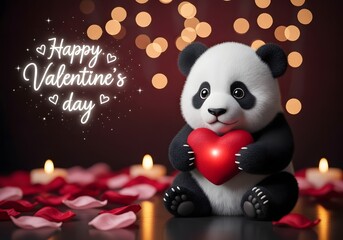 Cute Panda Holding Glowing Heart for Valentine's Day