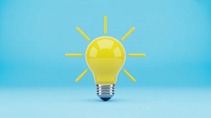 Bright yellow light bulb with shining rays on blue background