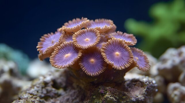 Vibrant purple zoanthid coral polyps clustered on a rock in a marine aquarium