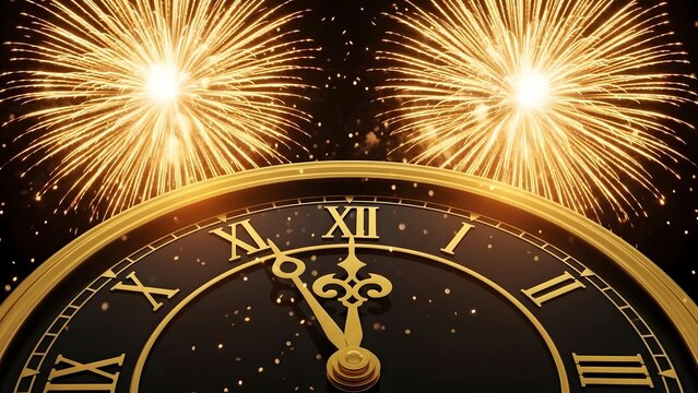 Golden clock striking midnight with fireworks exploding above on a dark background, viewed from the front