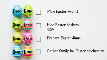 Colorful Easter eggs marked "Done" placed next to a checklist detailing holiday preparation tasks on a white background, concept for holiday marketing, seasonal planning and celebration success