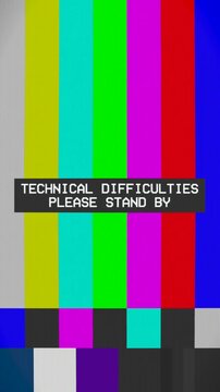 Technical Difficulties Please Stand By Title And Color Bars On Vertical Retro CRT Television Screen Loop