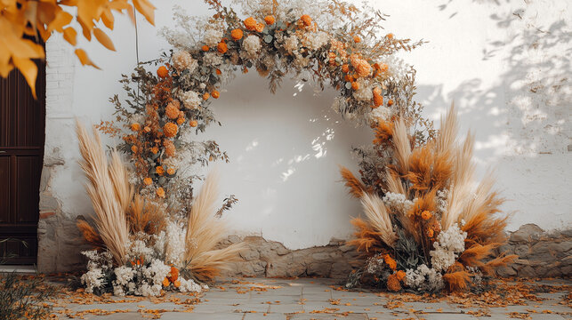 Colorful autumn flower arch stands in a courtyard, decorated with dried flowers and plants in an open space during the fall season