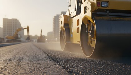 A large yellow road roller compacts asphalt on a city street with an excavator in the background.