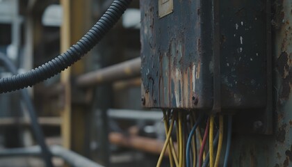 A close-up view of a weathered electrical box with colorful wires emerging from it in an industrial setting with machinery.