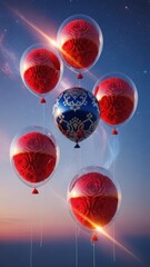 four transparent balloons with red rose-like fur textures and a deep blue decorative balloon float against the sky. A blend of surrealism and high-end ...