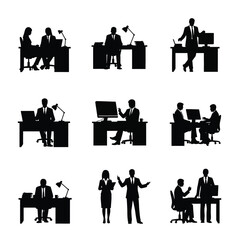 Office workers collaborating at their desks in a modern workspace environment viewed from above.