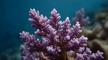 Obraz premium Vibrant purple coral branches detail in clear blue underwater ocean