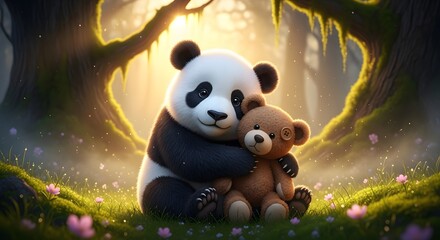 Cute Panda Hugging Teddy Bear in Enchanted Forest