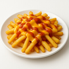 A delicious snack of crispy fried golden potatoes served as French fries on a white plate, creating a tasty, unhealthy fast food meal isolated for a closeup lunch or dinner dish