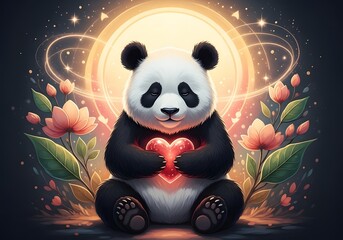 Adorable Panda Holding Glowing Heart with Magical Flowers