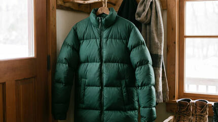 Warm green puffer jacket hanging in cozy cabin during winter. Jackets are essential for cold weather, providing warmth and comfort. Concept winter apparel for travelers and outdoor enthusiasts.