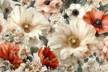  Elegant, chic, vintage watercolor floral seamless pattern featuring large cream-colored daisies, light pink poppies, small white blossoms, and vibrant orange floral accents