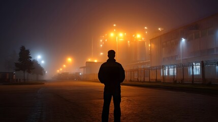 Fototapeta premium Lone figure silhouetted against a foggy industrial nightscape illuminated by bright factory lights