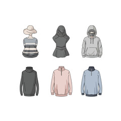 Collection of various hooded sweatshirts and sweaters in different colors and designs displayed