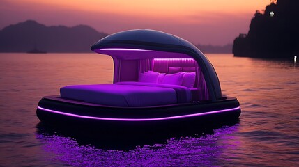 Futuristic floating luxury bedroom with purple neon lights at sunset high resolution image