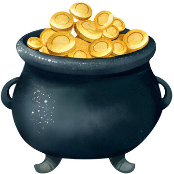 Watercolor pot of gold coins illustration with magical shine for St Patrick&rsquo;s Day