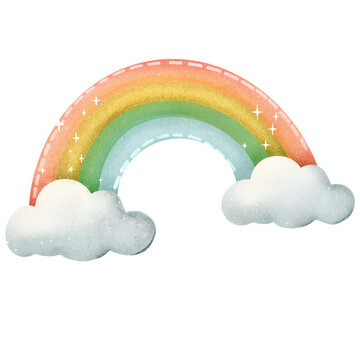 Watercolor rainbow with clouds illustration in soft pastel magical style