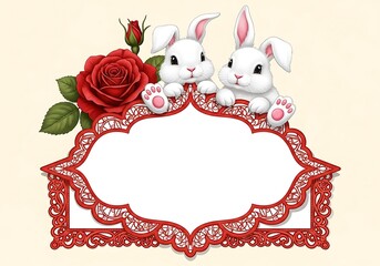 Adorable White Rabbits and Red Rose Border Frame Illustration